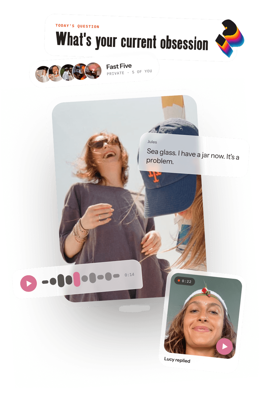 Good Times app showing today's question answered with a photo, a voice note and a video